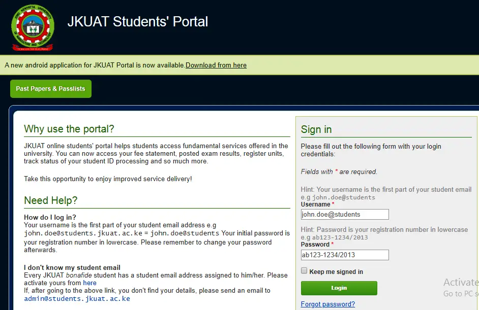 Accessing the Jomo Kenyatta University of Agriculture and Technology Student Portal